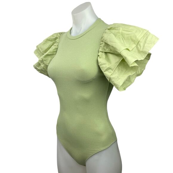 NEW Zara Green Ribbed Flutter Ruffle Sleeve Crew Neck Bodysuit Blouse Top Size S - Picture 1 of 5